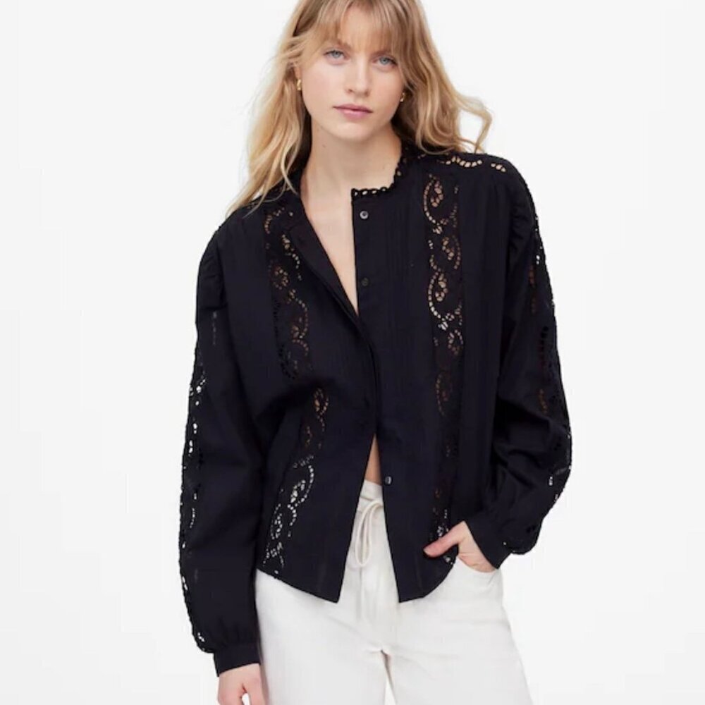 NWT Madewell Black Lace-Inset Pintucked Button-Up Top - Size: XXS
